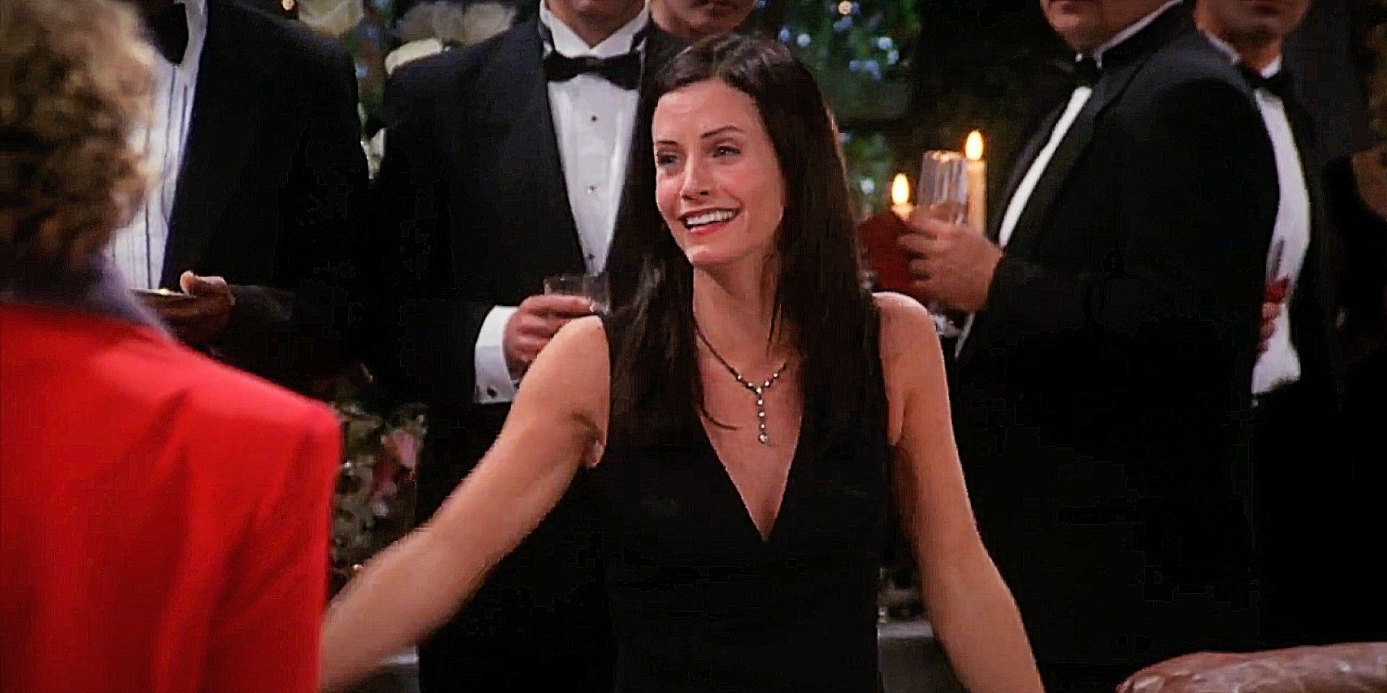 Drunk Monica smiling in Friends Season 7