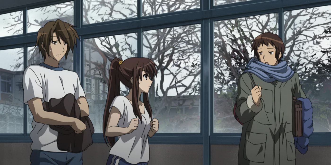 Kyon, Itsuki and girl talking by window in The Disappearance of Haruhi Suzumiya