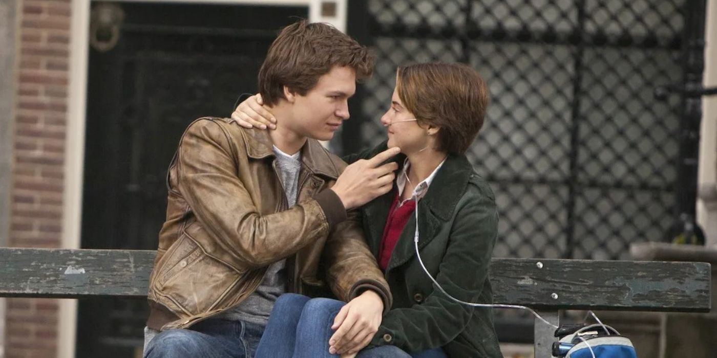 Hazel Grace and Gus Waters leaning close to each other on a bench, The Fault in Our Stars