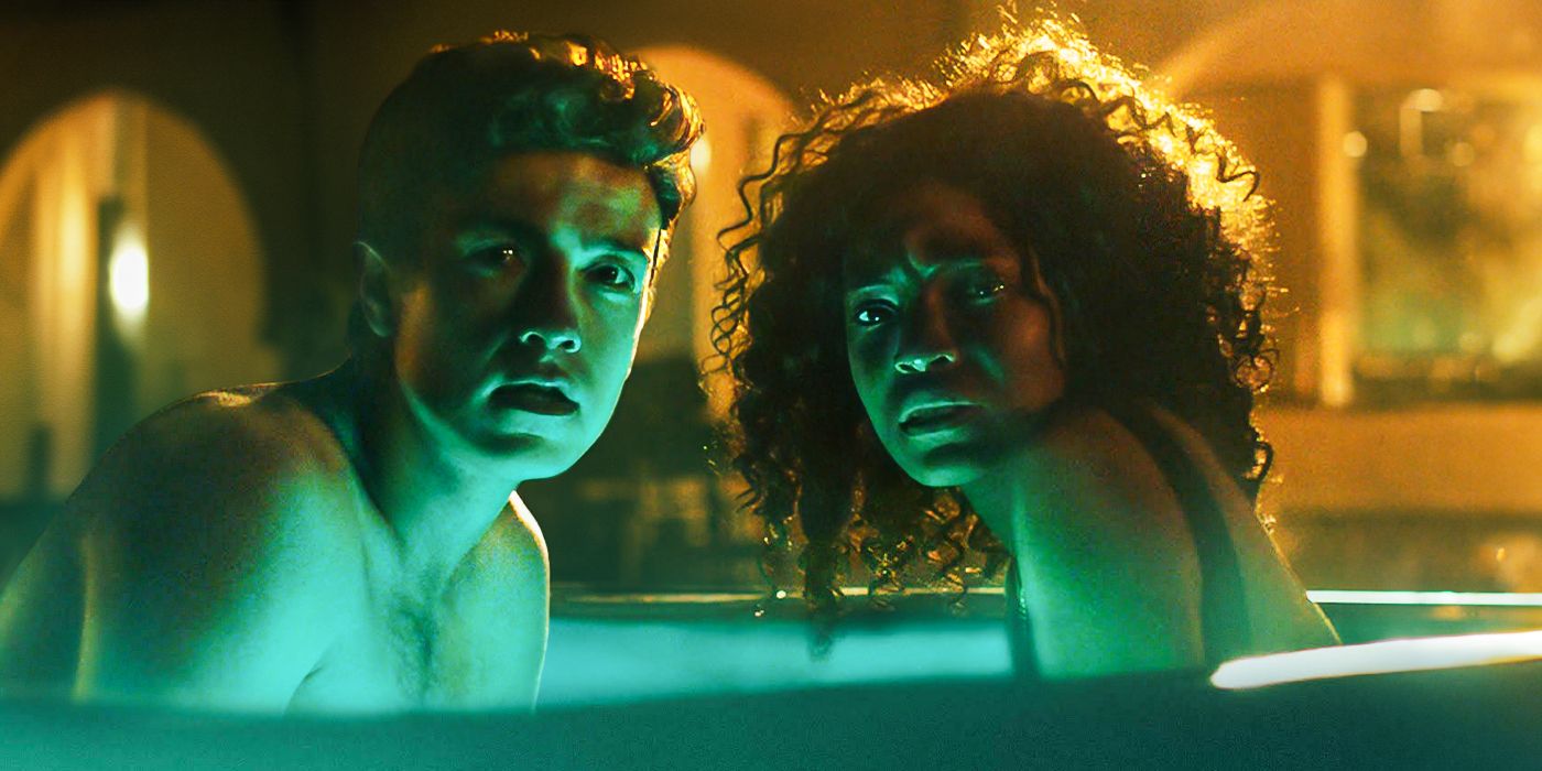 Isaac Jay as Evan and Ashleigh Morghan as Zoe in a hot tub in Head Count