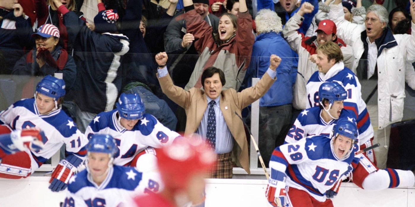 Herb Brooks (Kurt Russell) celebrates the US team’s victory in “Miracle”