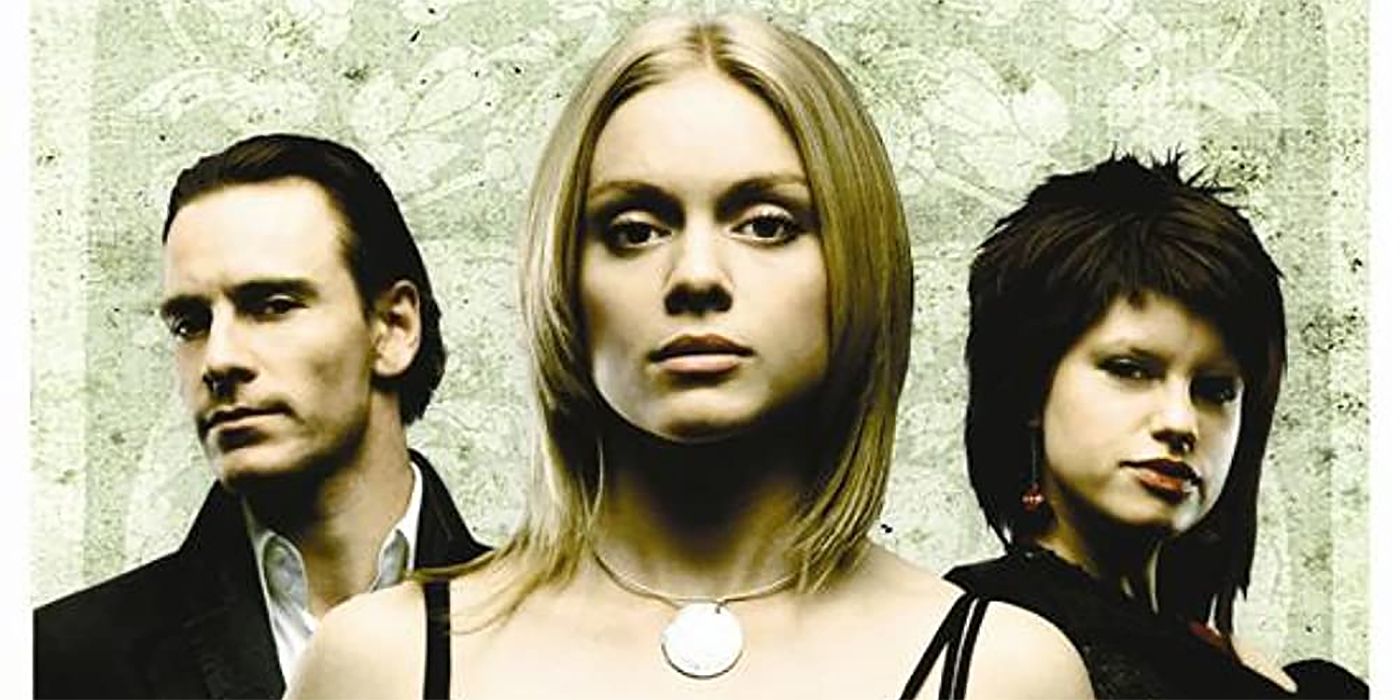 Jemima Rooper as Thelma, Michael Fassbender as Azazeal, and Christina Cole as Cassie on the cover of the Hex Season 1 DVD cover