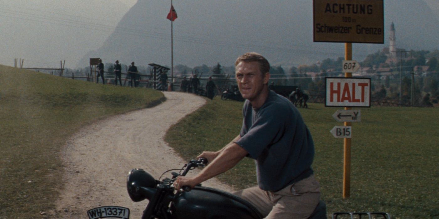 Hilts (Steve McQueen) escapes on a motorcycle in 'The Great Escape'