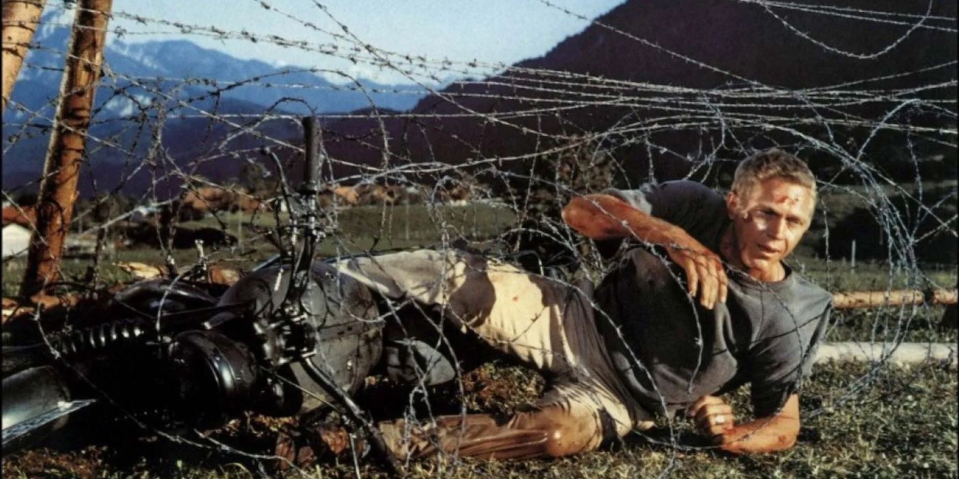 Hilts (Steve McQueen) is entangled in barbed wire during an escape attempt in 'The Great Escape'