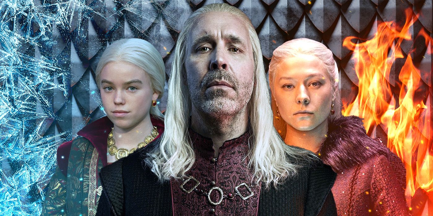 Paddy Considine as Viserys with Milly Alcock and Emma D'Arcy as the younger and older Rhaenyra in a custom image for House of the Dragon