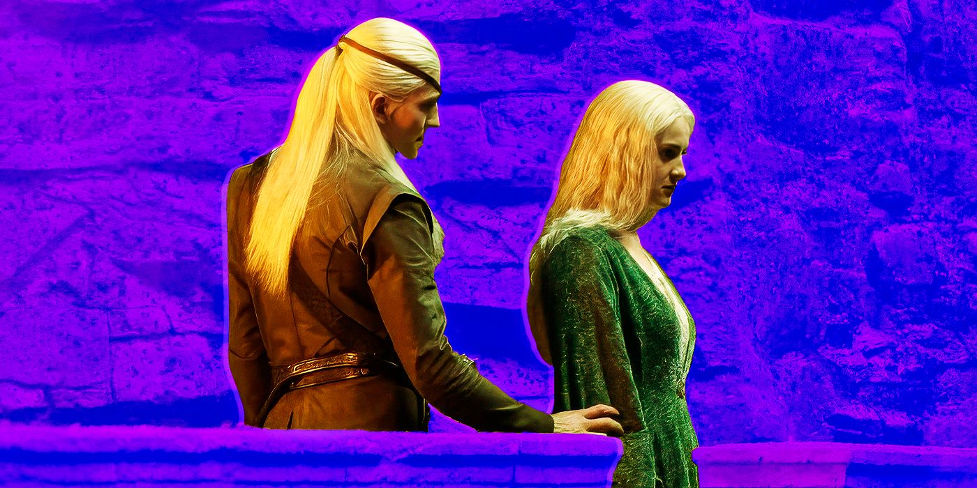 Ewan Mitchell as Aemond reaching for Phia Saban as Helaena's arm in House of the Dragon Season 2 on a purple background.