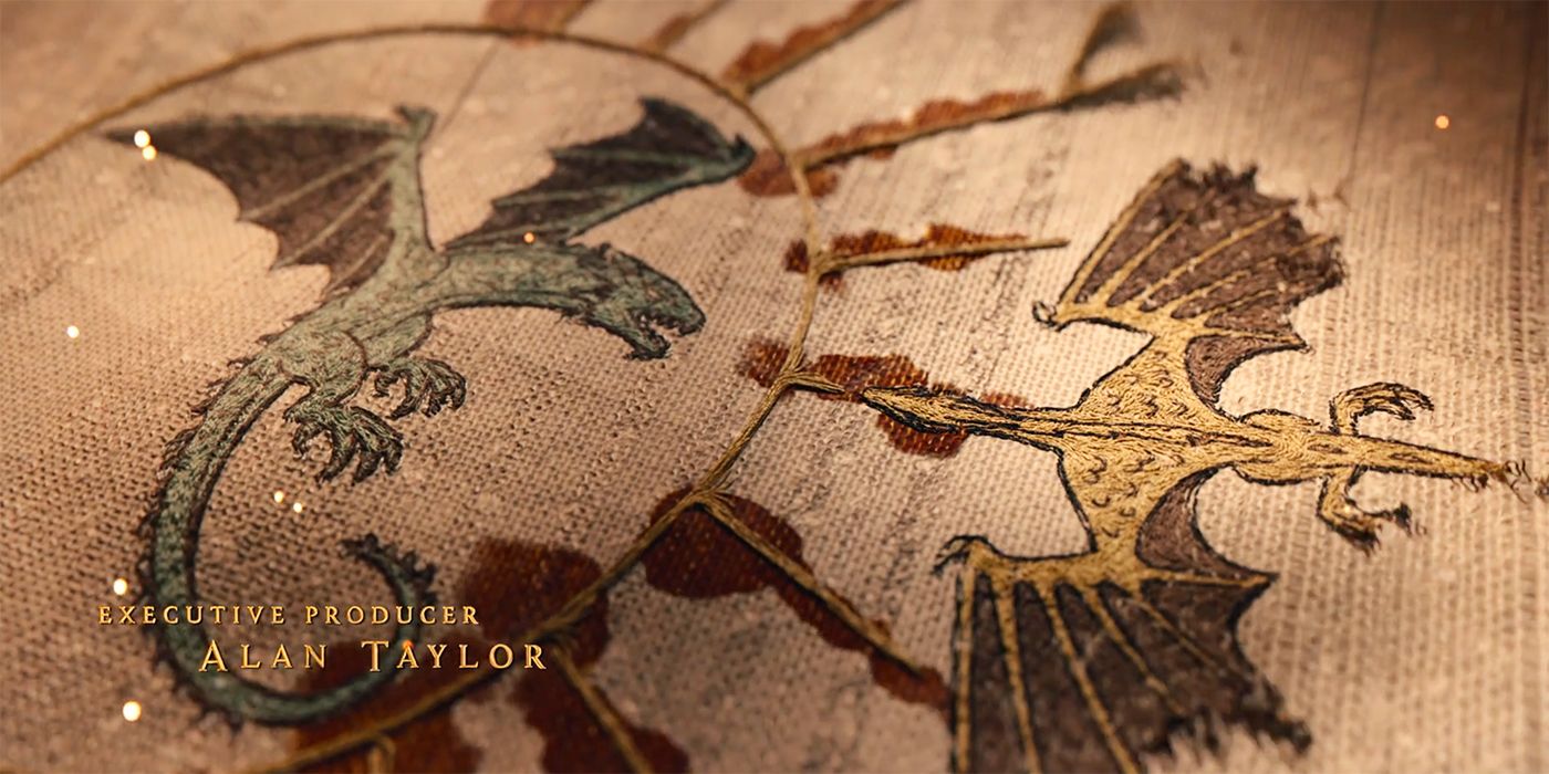 Syrax facing off against Vhagar in a sewn tapestry from the House of the Dragon Season 2 credits