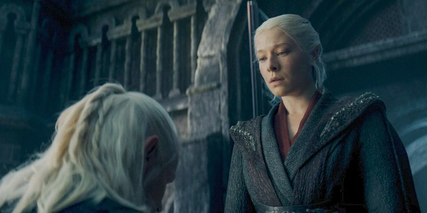 Rhaenyra Targaryen (Emma D'Arcy) staring down with a shocked expression at a kneeling Daemon Targaryen (Matt Smith) in House of the Dragon Season 2