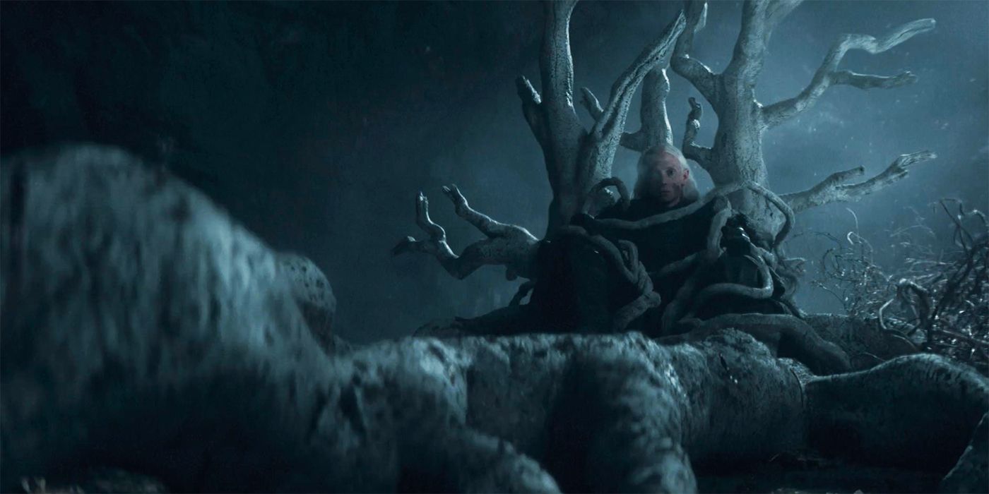 Bloodraven sitting in a weirwood tree in House of the Dragon Season 2 Episode 8