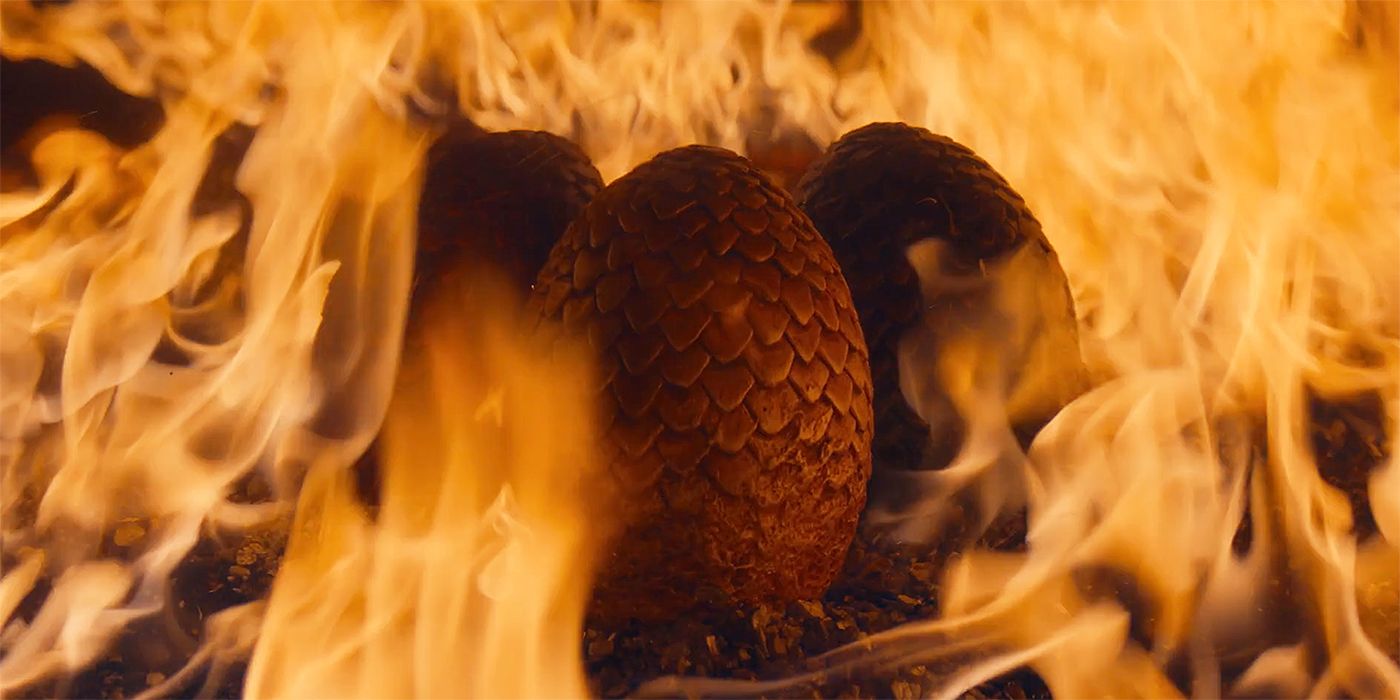 Daenerys' three dragon eggs surrounded by fire in a vision in House of the Dragon Season 2, Episode 8.