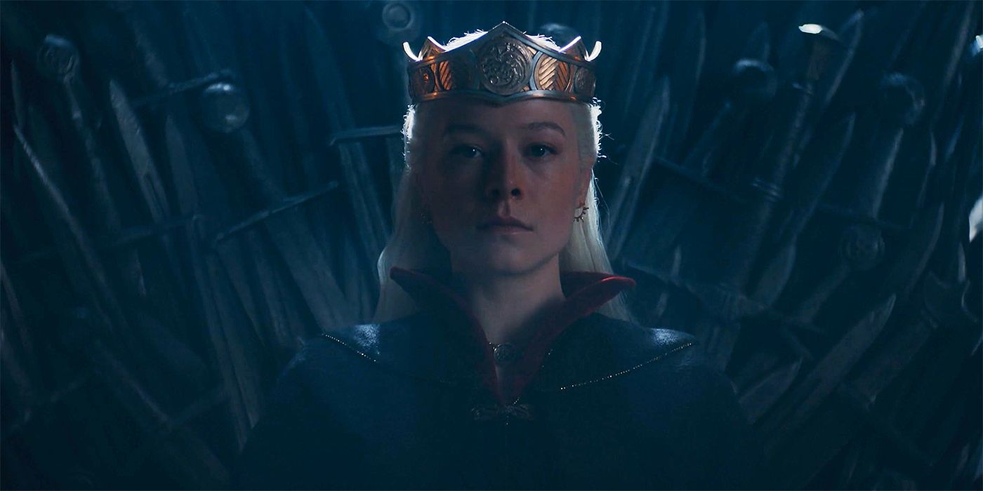 Emma D'Arcy as Rhaenyra sitting on the Iron Throne in a vision in House of the Dragon Season 2 Episode 8