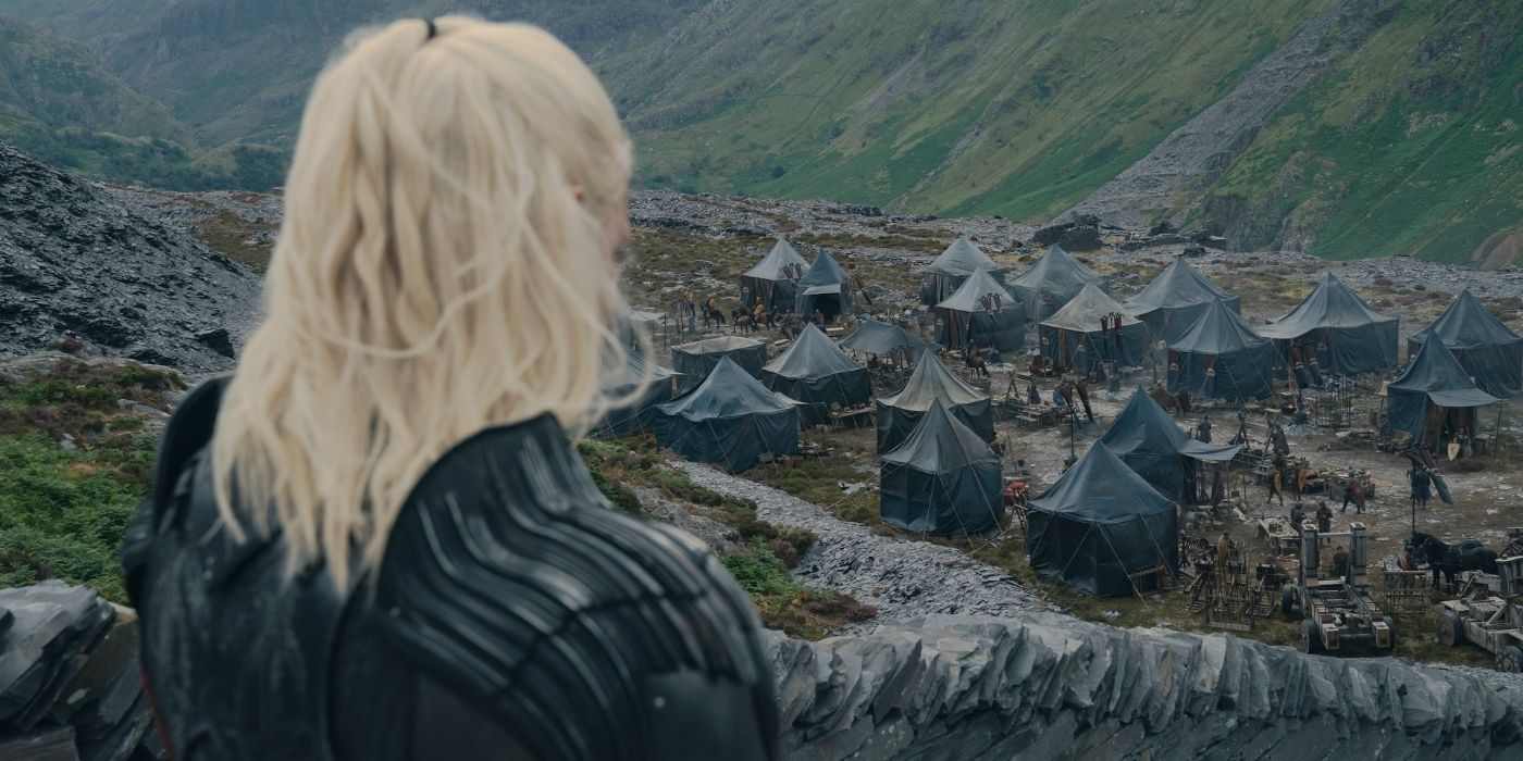 Matt Smith in House of the Dragon Season 2 Episode 8 looking down at the camps outside Harrenhal