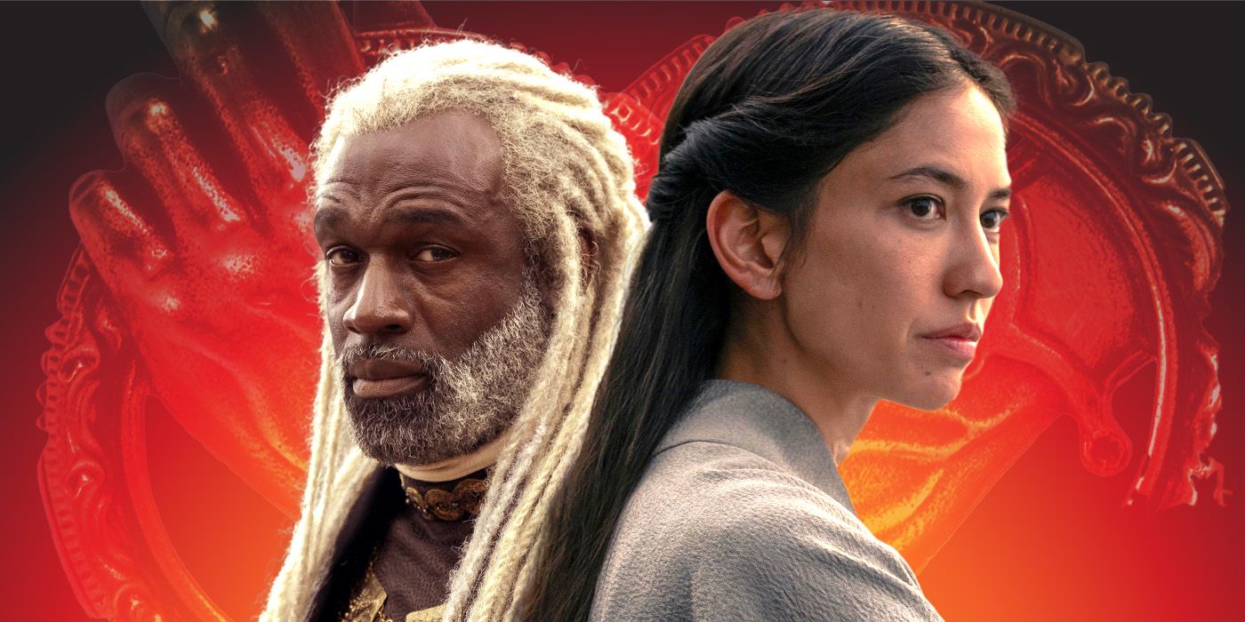 Steve Toussaint as Corlys Velaryon and Sonoya Mizuno as Mysaria back to back in a custom image for House of the Dragon