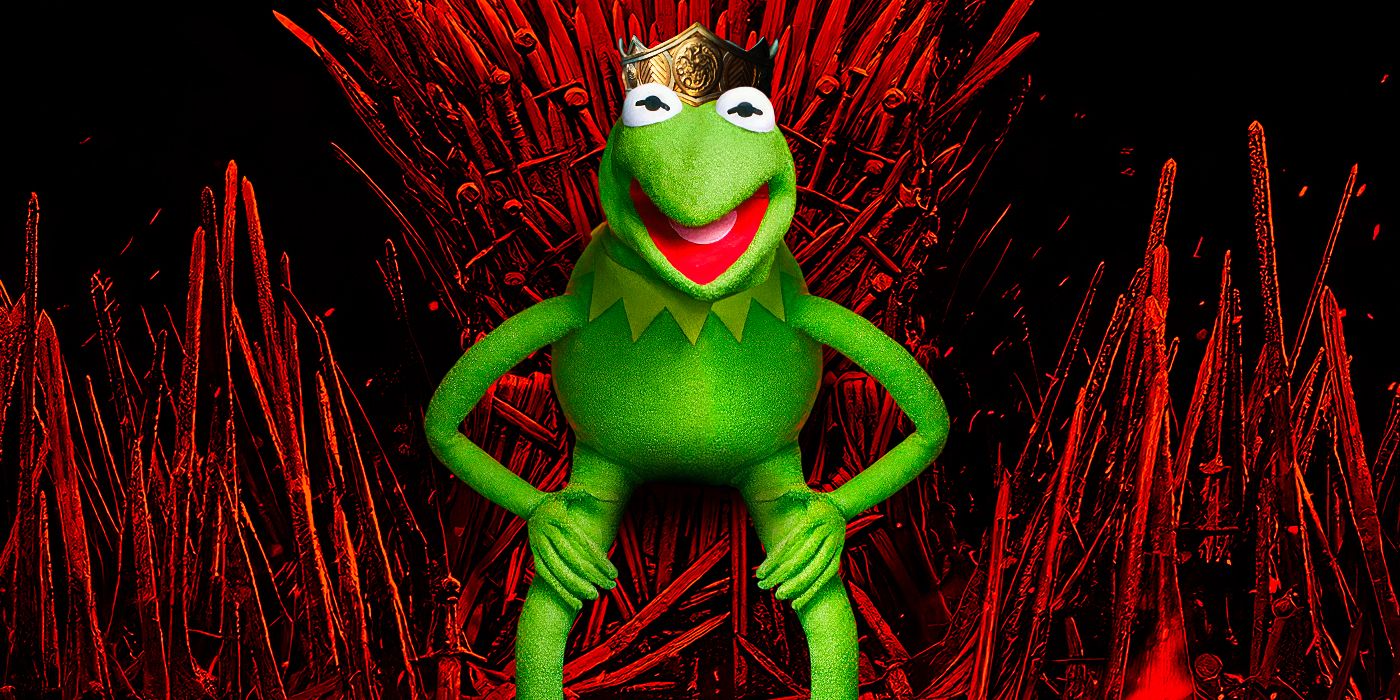 Kermit wearing a Targaryen crown and sitting on the Iron Throne