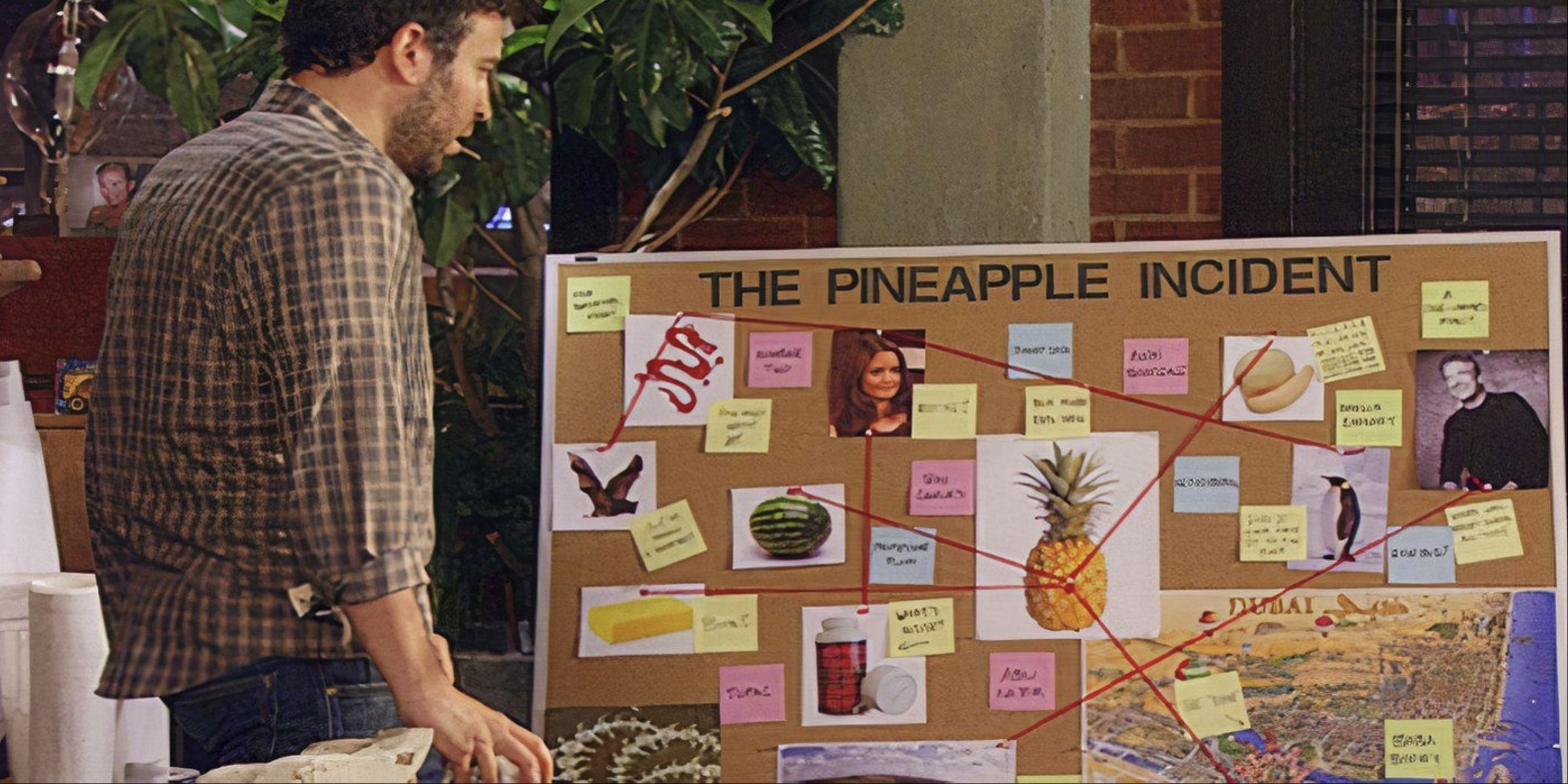 Ted looking at a cork board with Post-It notes and pictures and a header that says The Pineapple Incident on How I Met Your Mother 