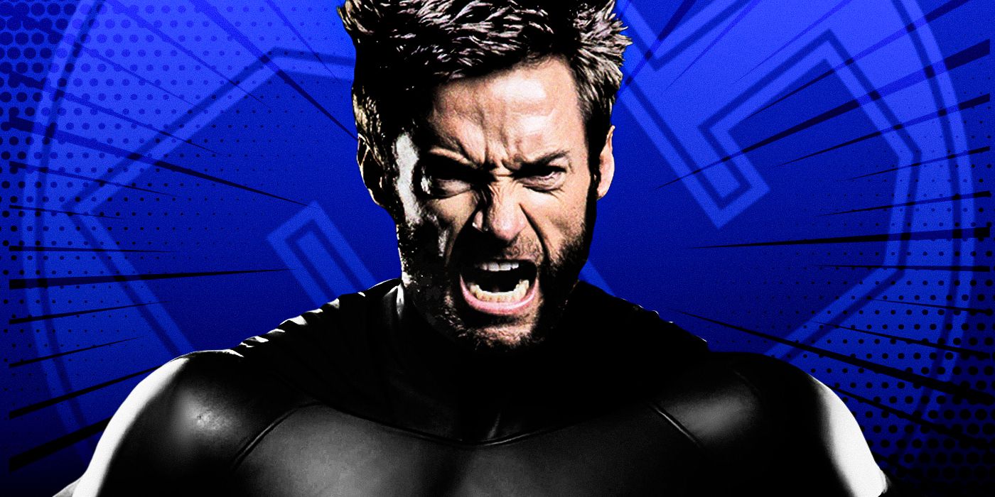 Hugh Jackman's Wolverine snarling in front of a DC Logo