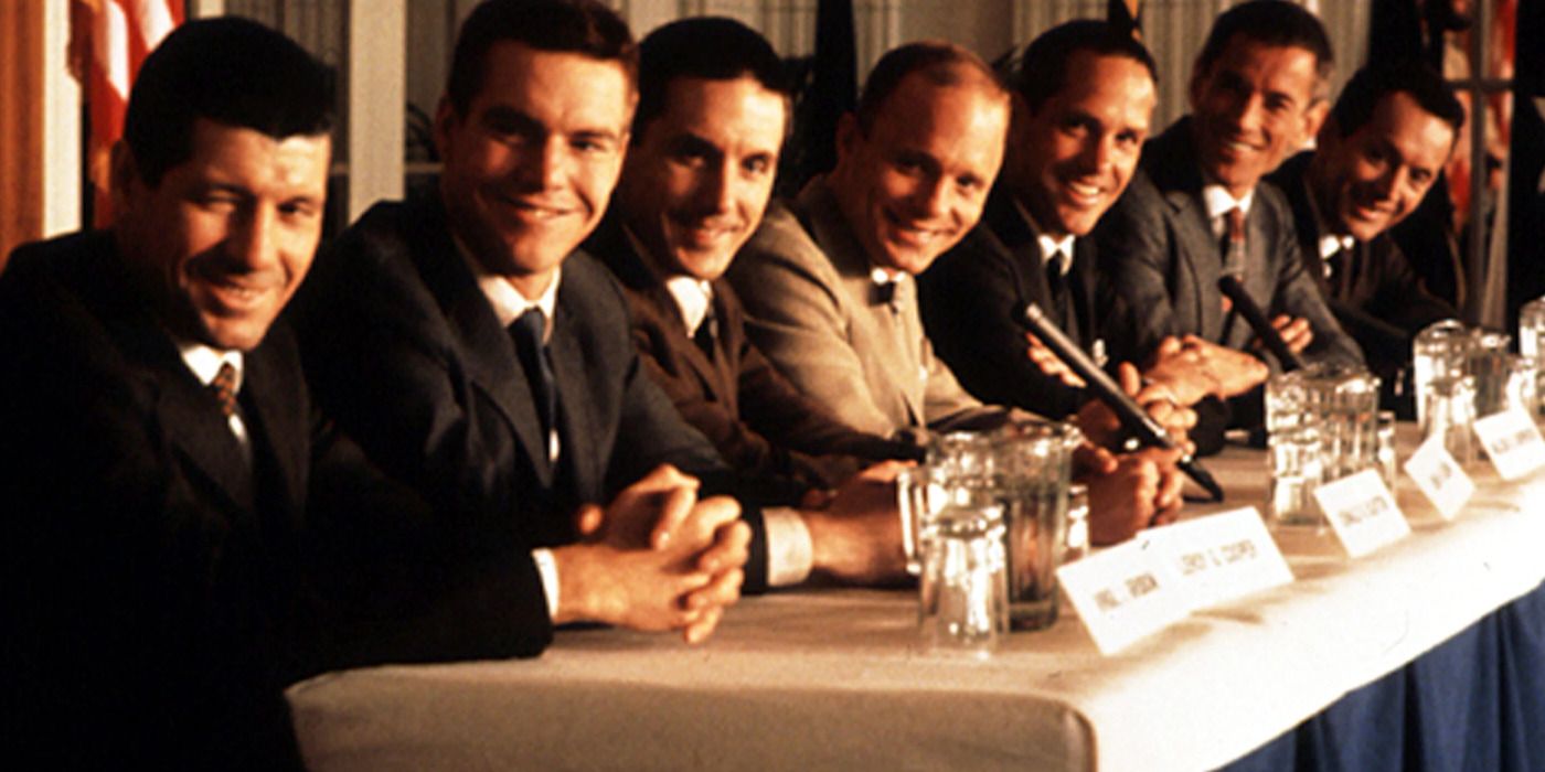 The Mercury Seven astronauts giving a press conference in The Right Stuff.