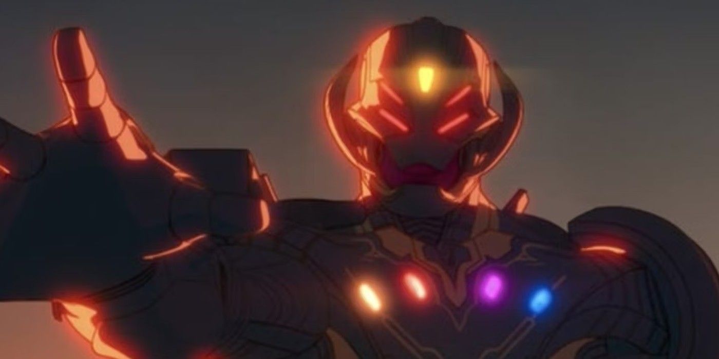 Ultron (in the body of Vision) harnesses the incredible power of the Infinity Stones with his hand out
