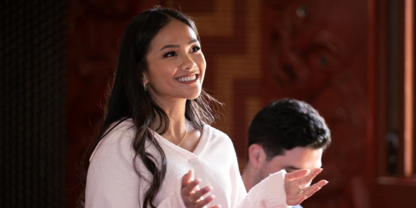 Jenn Tran with her hands up and smiling in a still from 'The Bachelorette' Season 21, Episode 5.