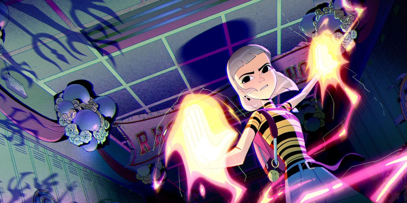 Jentry Chau (Ali Wong) raises her fire-covered hands in a battle stance in the animated movie Jentry Chau vs the Underworld