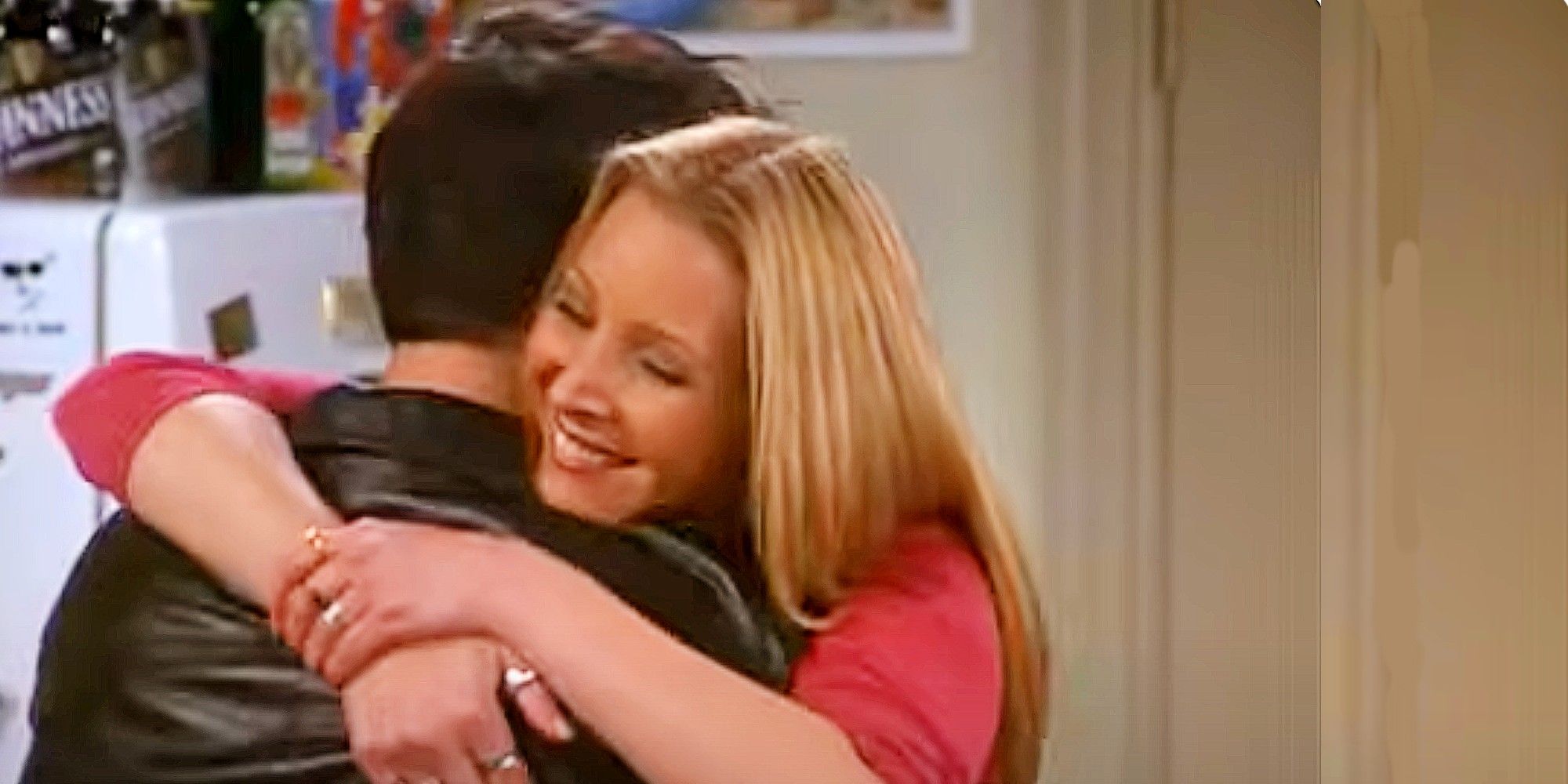 Phoebe and Joey hugging in Friends "The One with All the Cheesecakes"