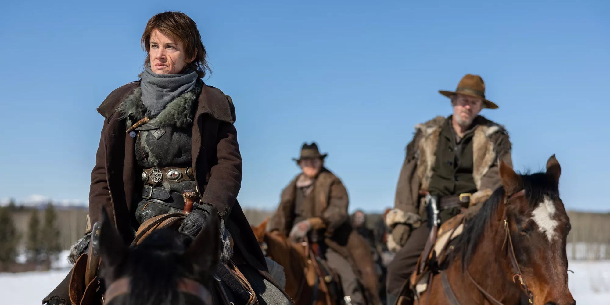 Juliette Lewis and James Hetfield ride horses in the snow in The Thicket