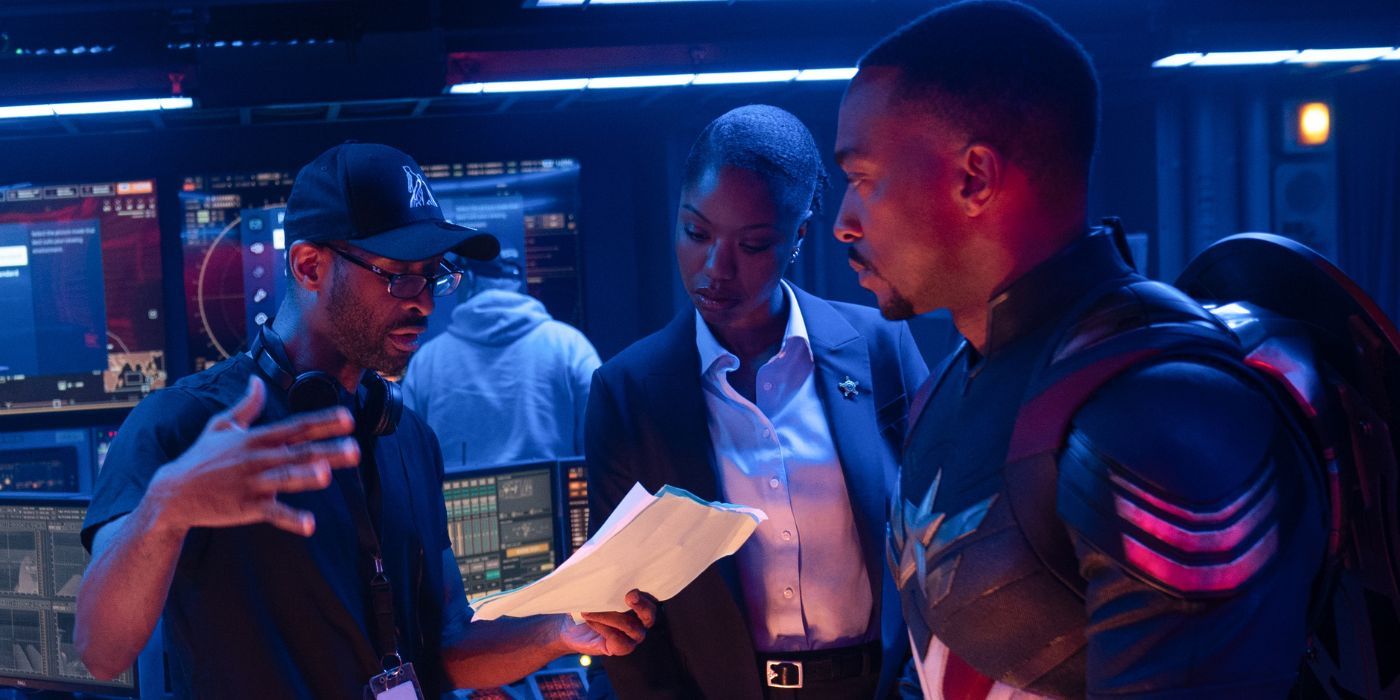 Director Julius Onah talking with Xosha Roquemore and Anthony Mackie on the set of Captain America: Brave New World.