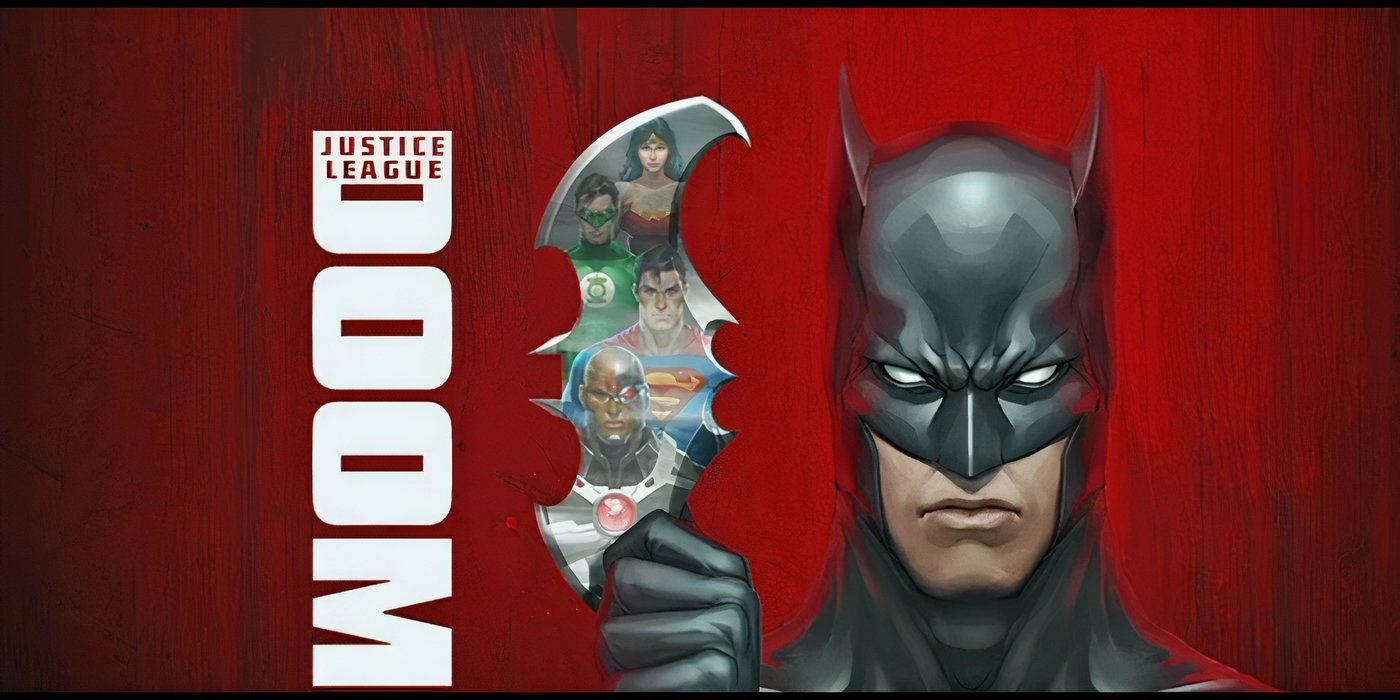 Justice League Doom Poster with batman holding a batarang with the faces of the justice league inside