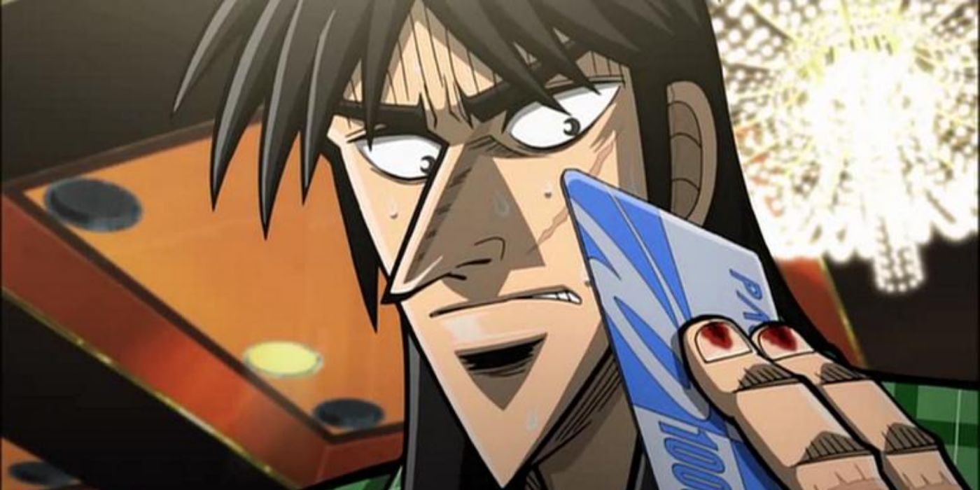 Kaiji holding a card looking nervous with bloody nails in Kaiji