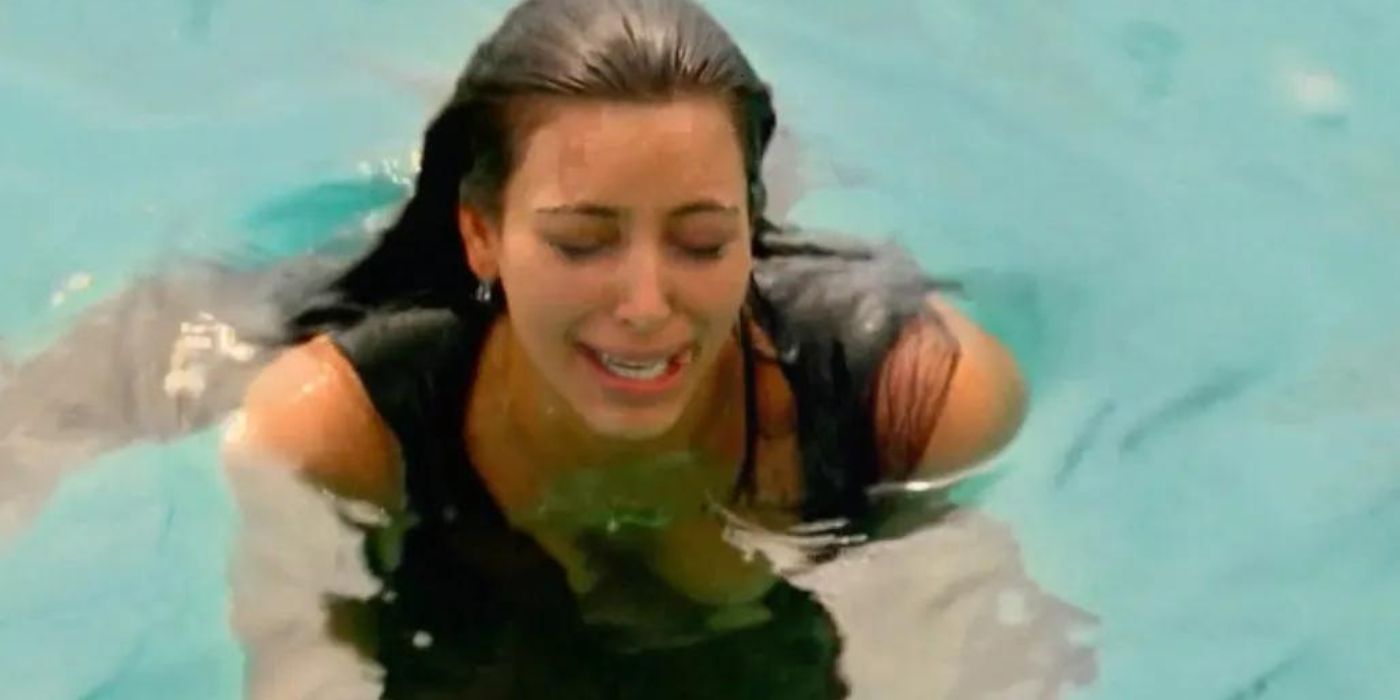 Kim Kardashian, swims in water, crying about losing a designer earring on Keeping Up with the Kardashians.