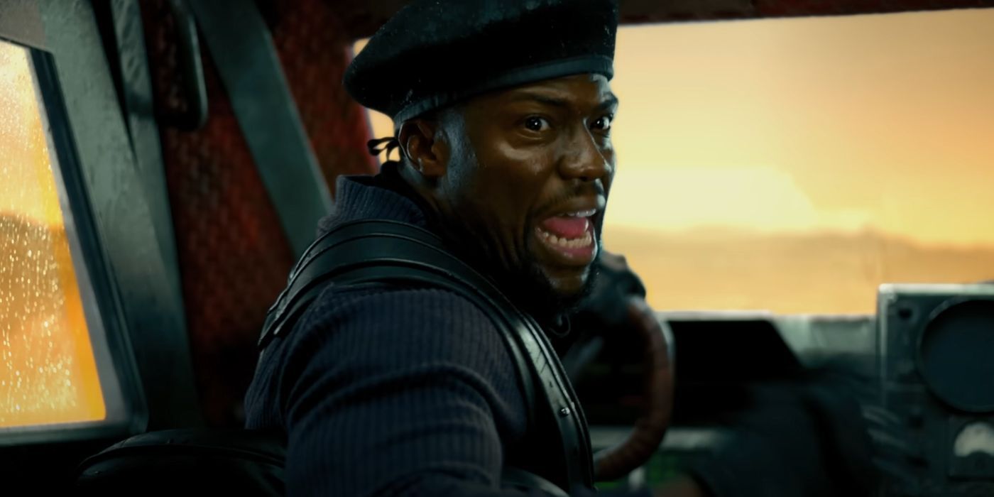 Kevin Hart sitting in the driver's seat as Roland, turning around and yelling.