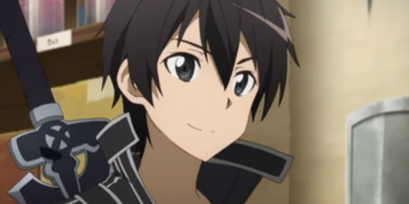 Kirito smiling with a sword on his back in Sword Art Online