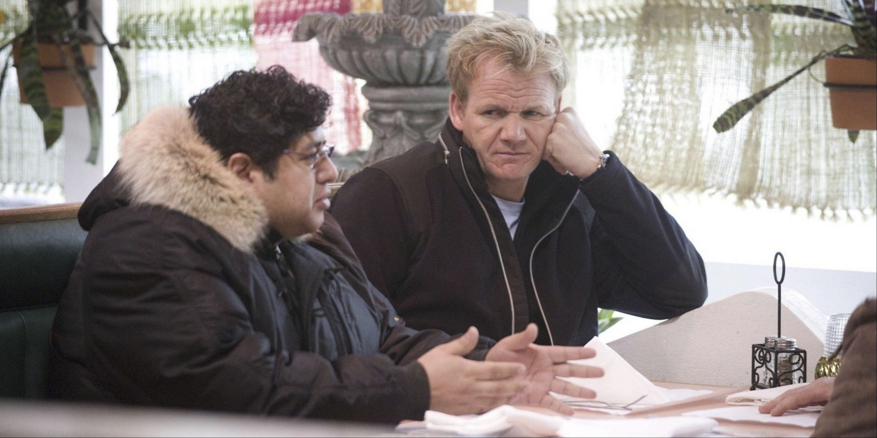 Gordon looking annoyed while listening to the owner of Fiesta Sunrise talk in Kitchen Nightmares