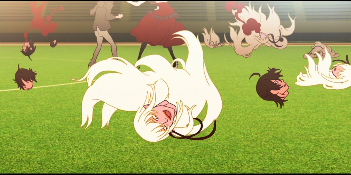 Multiple severed heads of Araragi and Shinobu as they fight in Kizumonogatari 3