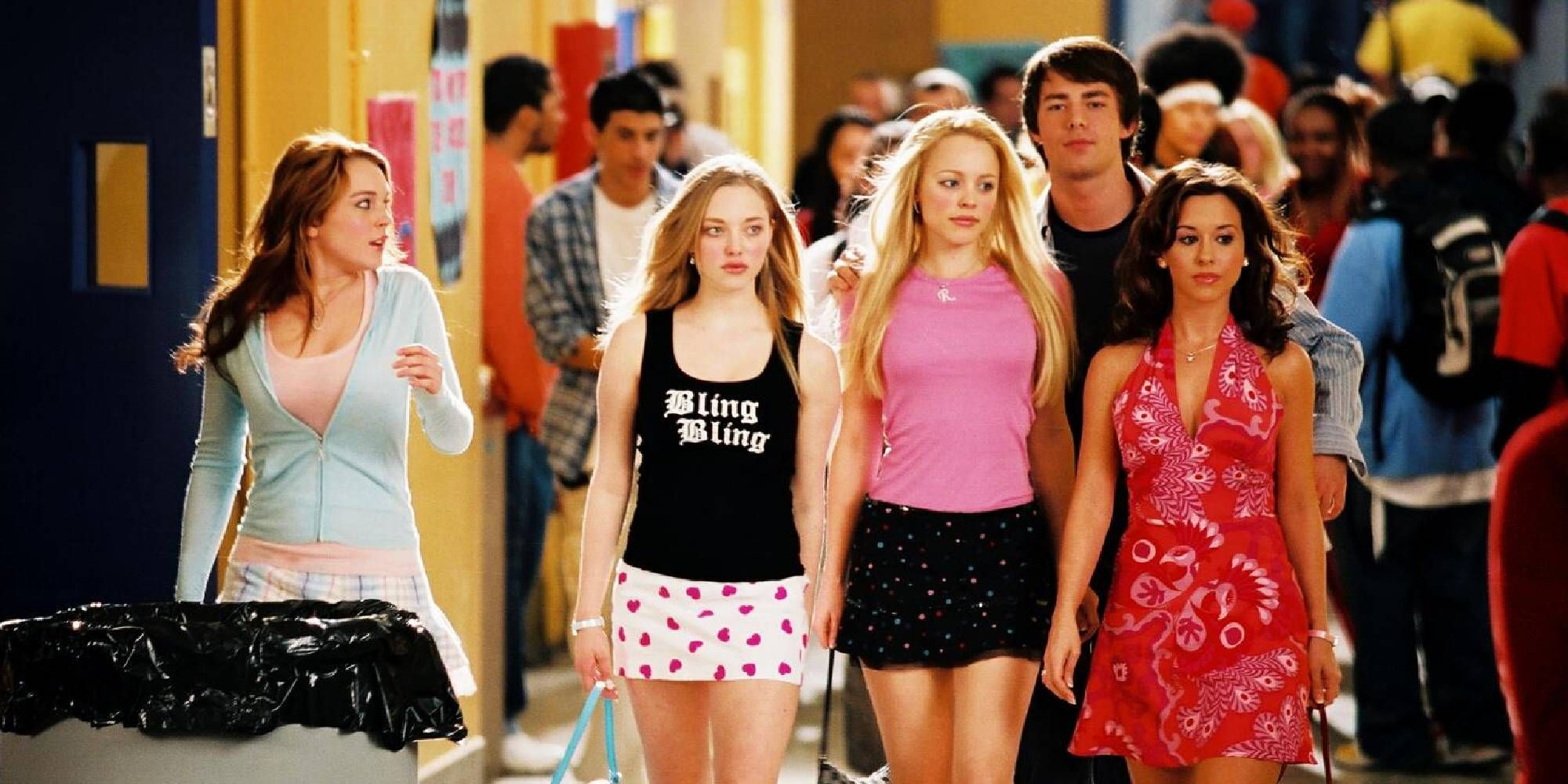 The Plastics walk down the school hall in Mean Girls