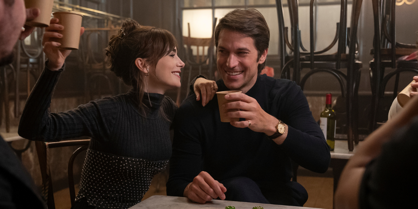 Lily Collins and Lucas Bravo enjoying drinks together in Emily in Paris 