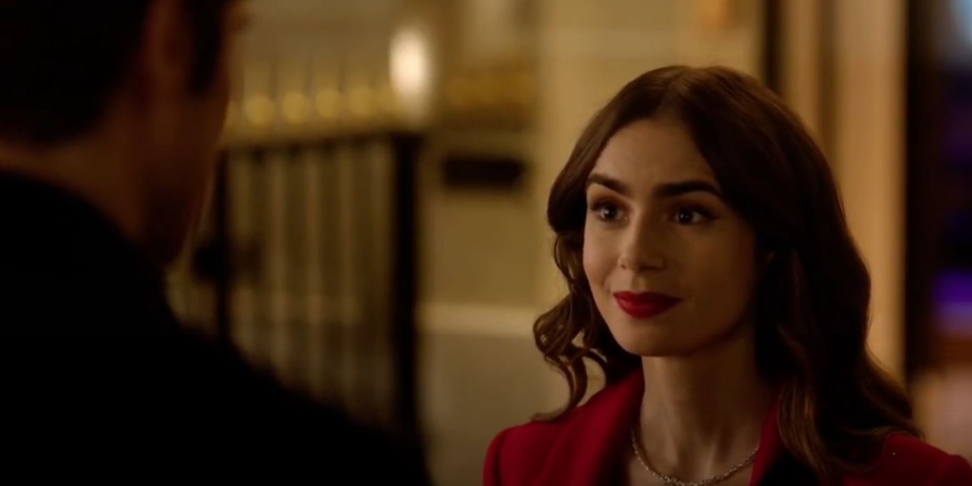 Lily Collins staring at Lucas Gabriel in a scene from 'Emily in Paris' Season 1, Episode 7.