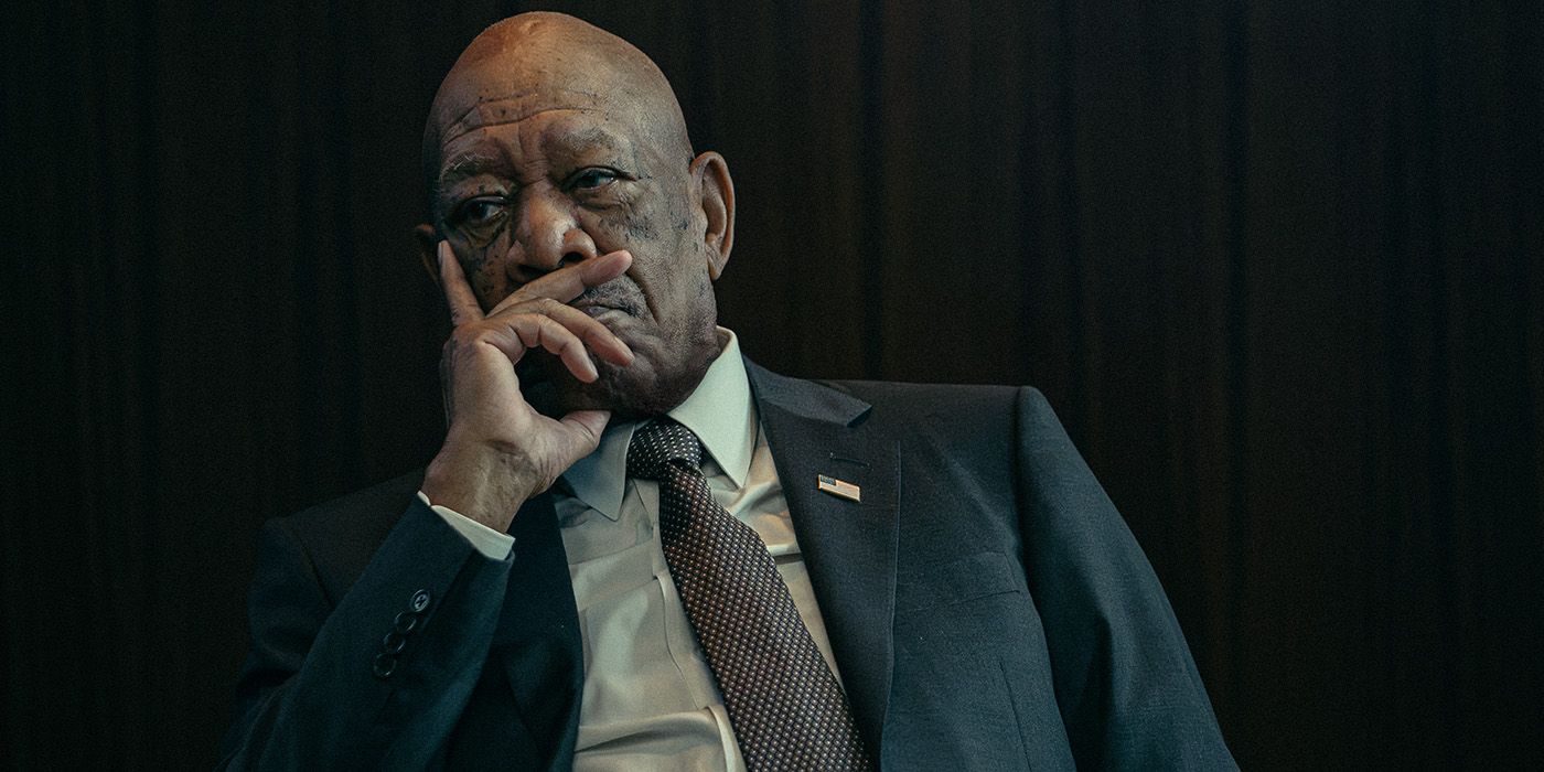 Morgan Freeman thinks as U.S. Secretary of State Edwin Mullins in 'Lioness' Season 2.