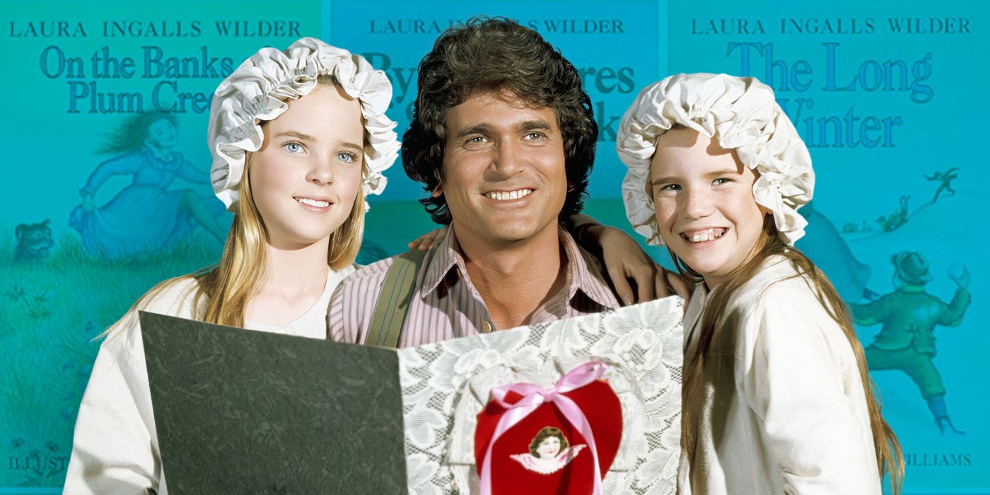 Melissa Sue Anderson, Michael Landon, and Melissa Gilbert, who play Mary, Charles, and Laura Ingalls from Little House on the Prairie, smile as they read a book.