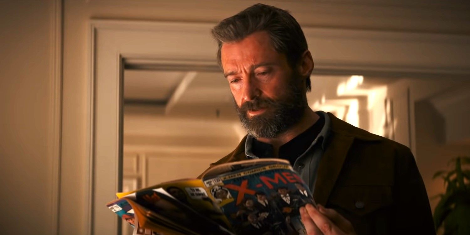 Logan (Wolverine), played by actor Hugh Jackman, reading an X-Men comic book