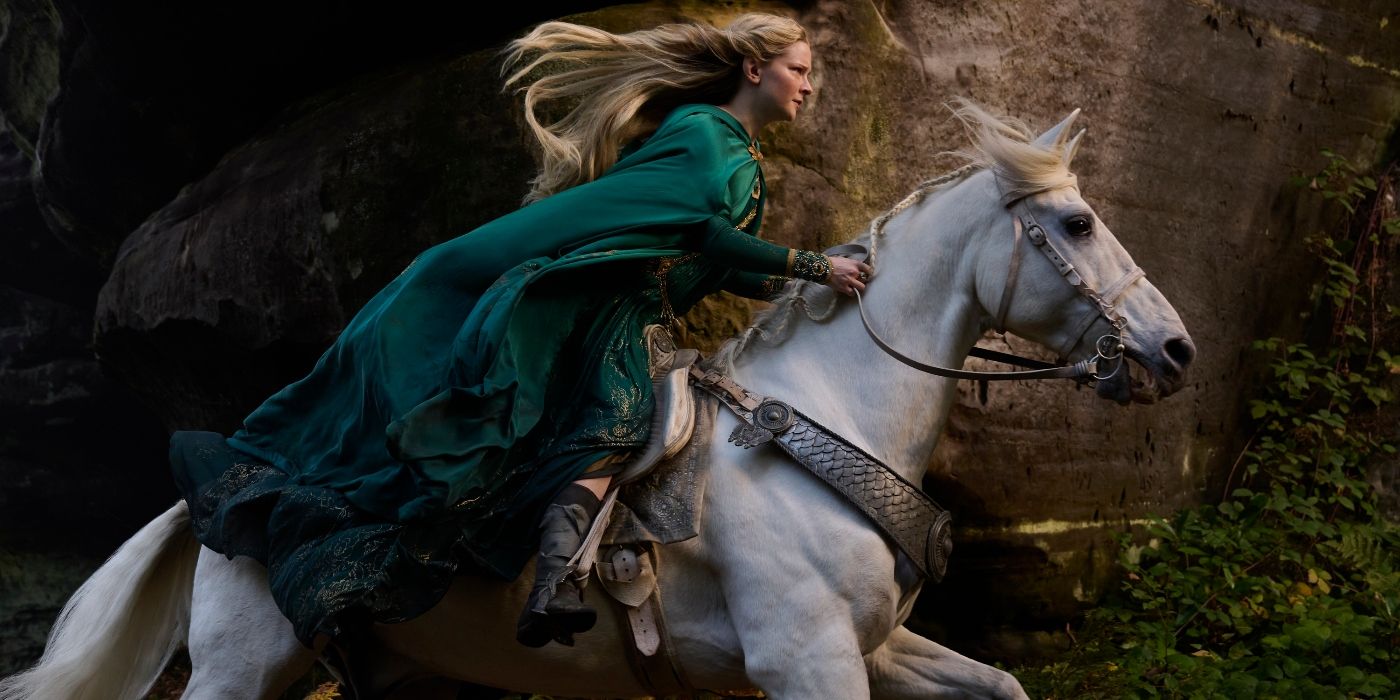 Morfydd Clark riding a white horse in Rings of Power Season 2