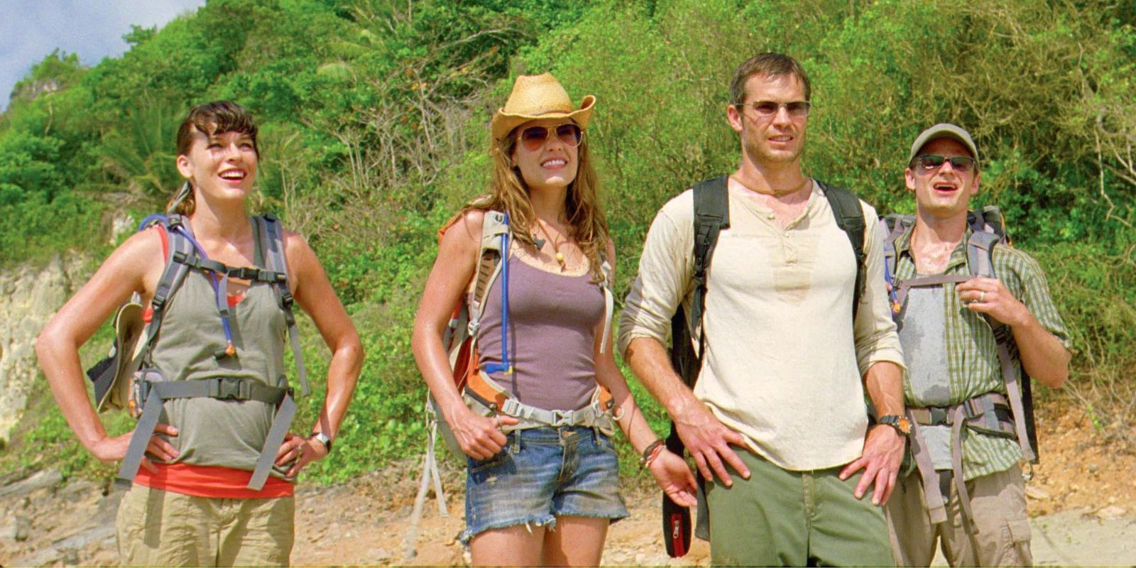 Milla Jovovich, Timothy Olyphant, and Steve Zahn stare into the distance in A Perfect Getaway.