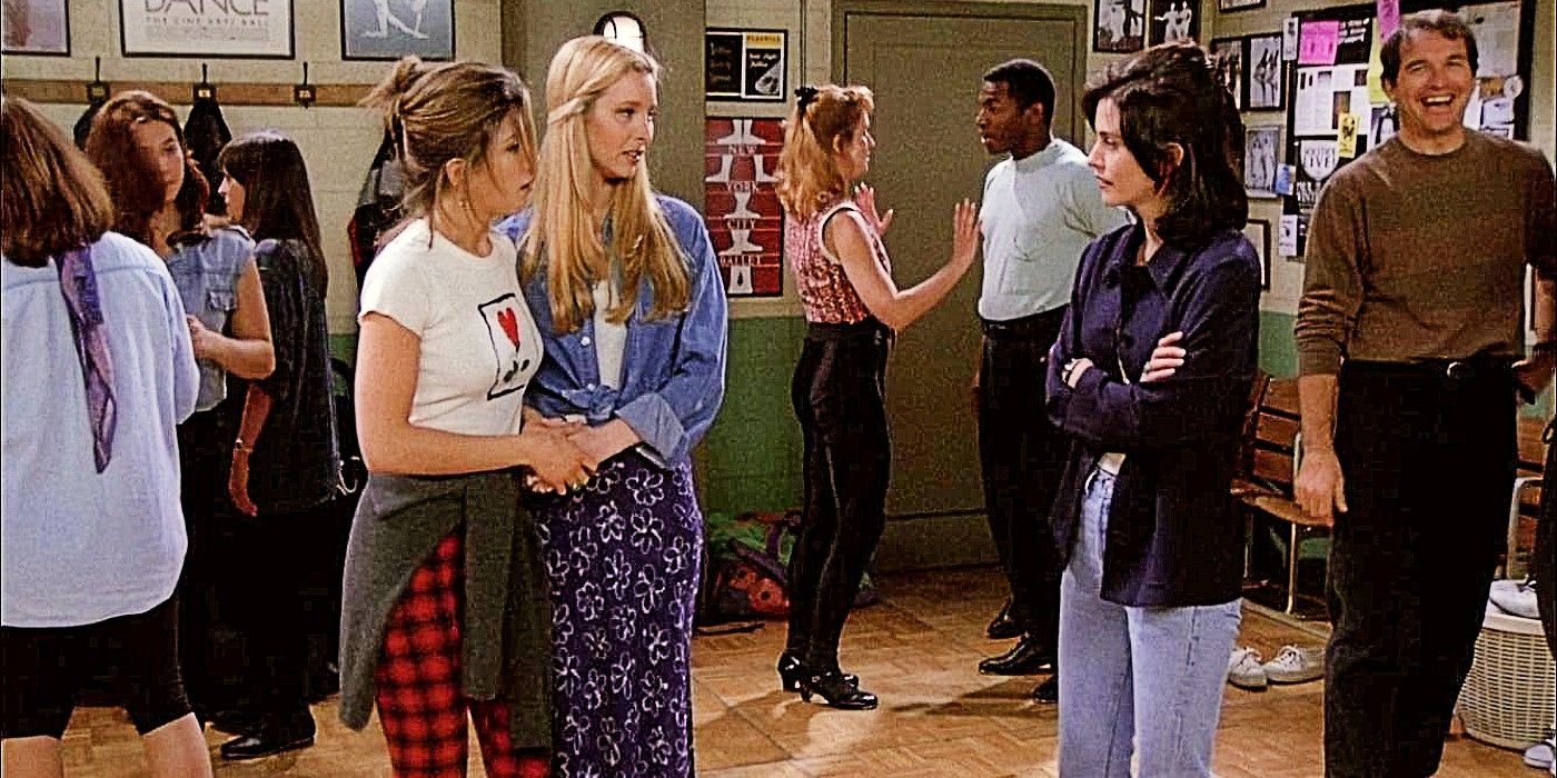 Rachel, Monica and Phoebe standing around in a tap dancing class in Friends