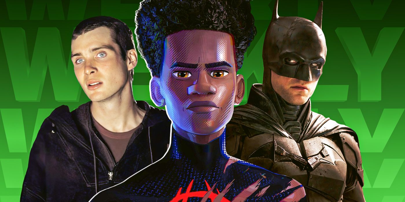 Cillian Murphy, Miles Morales, and Robert Pattinson's Batman in front of a green background.