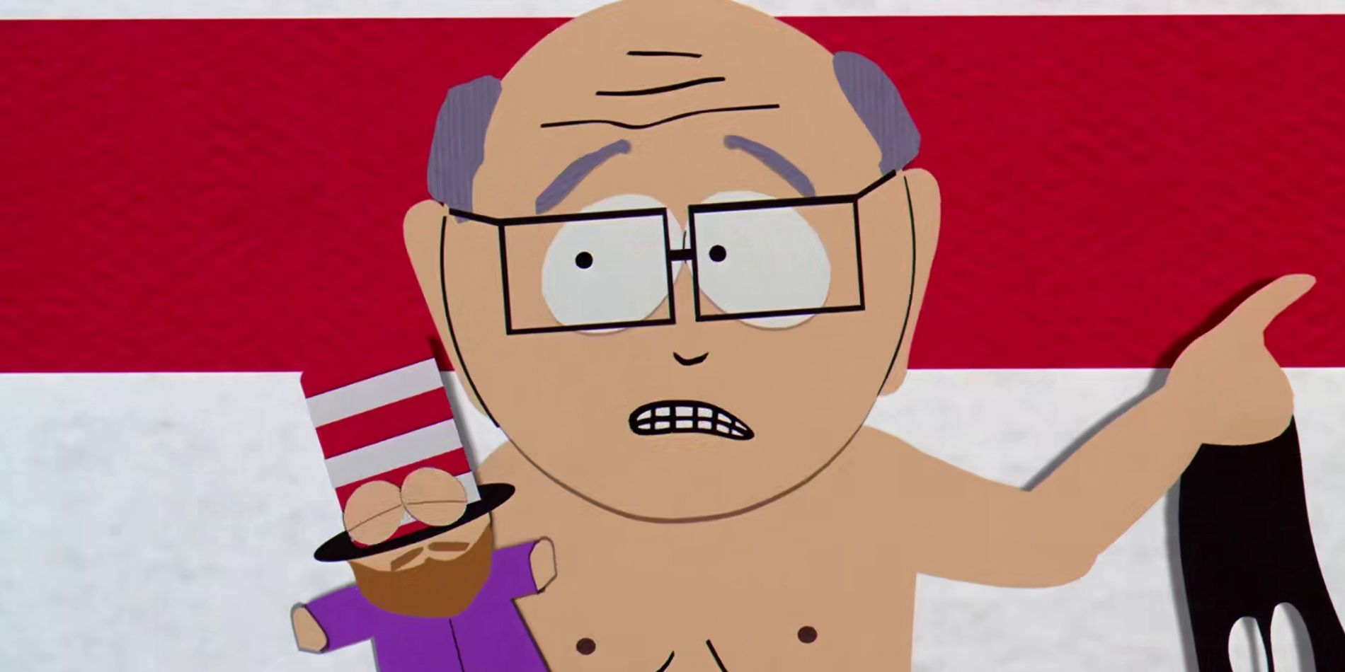 Mr Garrison holding Mr Hat on &lsquo;South Park&rsquo;