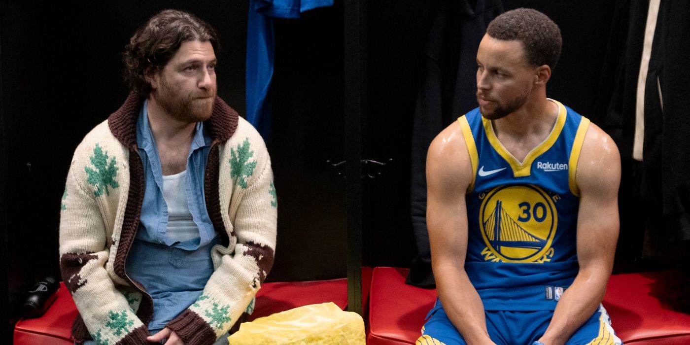 Adam Pally&rsquo;s Danny sitting next to a big bag of popcorn and Stephen Curry in Mr. Throwback.