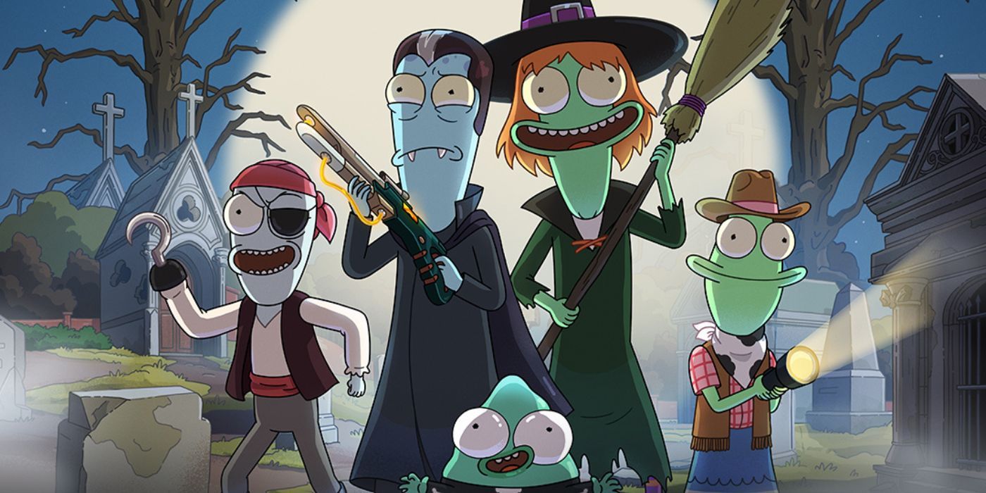 Yumyulack, Korvo, Terry, Pupa, and Jesse on the poster for Solar Opposites first Halloween special.