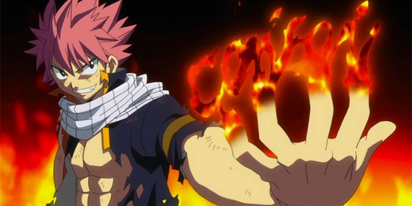 Natsu holds his hand up with fire that says "come on" in Fairy Tail.