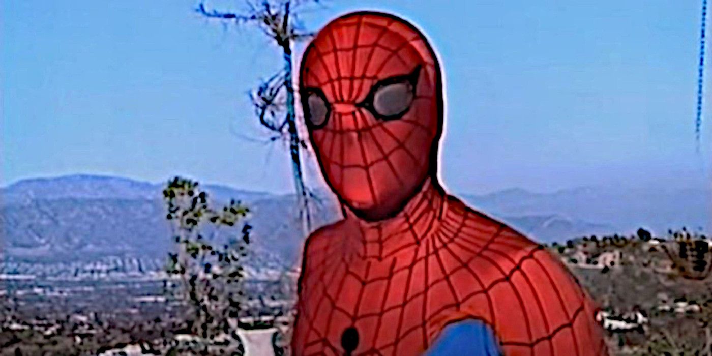 Spider-Man (Nicholas Hammond) stands outside in full costume in front of a tree