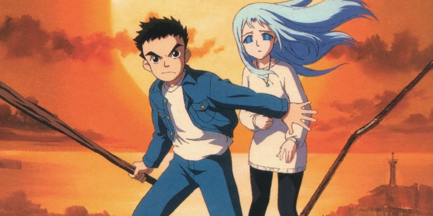 Promotional image for Now and Then Here and There with one character defending another in front of a sunset.